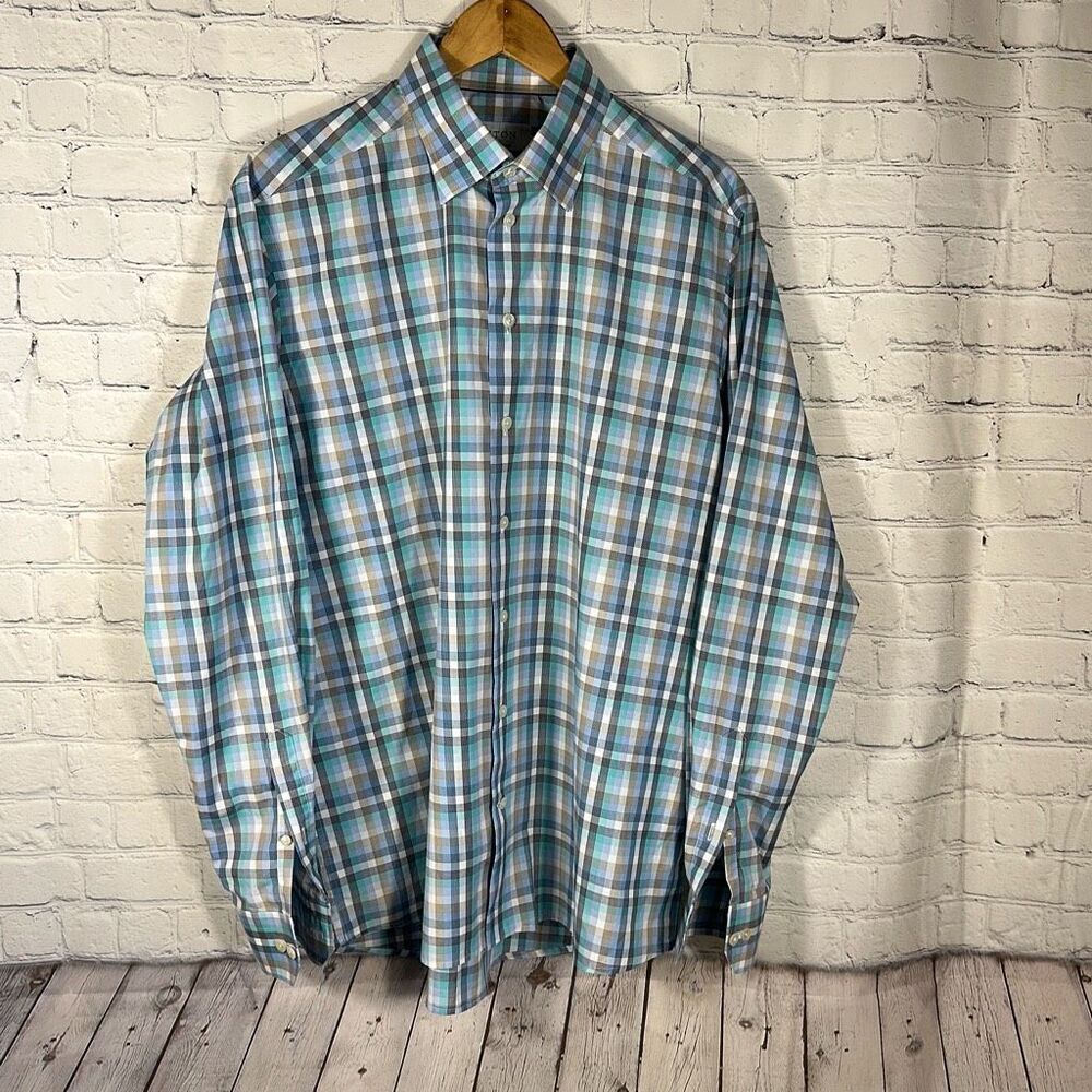 ETON Shirt Mens Contemporary Button Up Long‎ Sleeve Cotton 43 17 Size XL Plaid